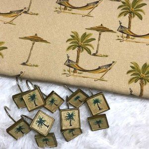Croscill Palm Tree & Hammock Tailored Cotton Blend Shower Curtain & Hooks Set